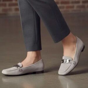 Prada Parisian Quiet Luxury Taupe Suede Pewter Logo Buckle Loafers